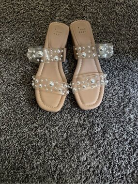 a new day Nude Pearl-Detail Clear Strap Slide Sandals